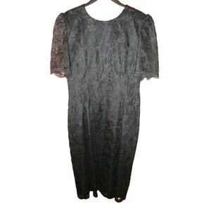 Late Edition Vtg 80s Black Lace Cocktail Dress Low Cut V Back USA Union Made 14